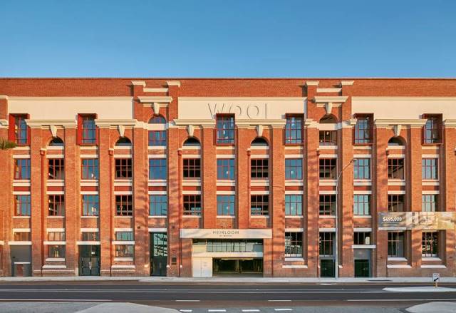 Front facade of heritage building Heirloom Apartments by Match which was restored Dalgety Wools Store into loft apartments in Fremantle
