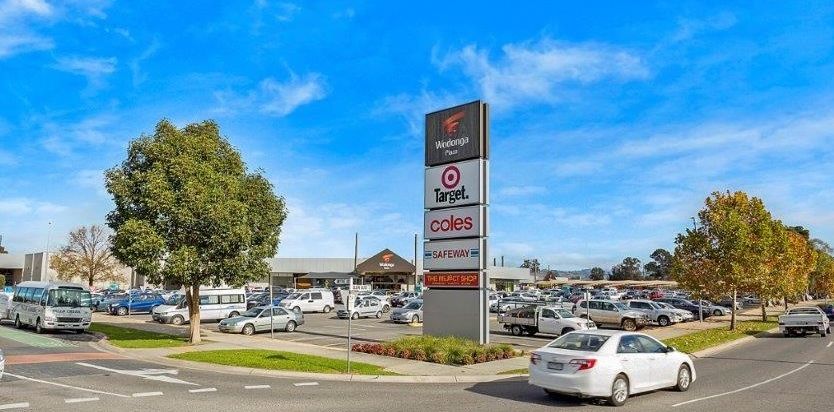 View of Wodonga Plaza Shopping Centre from across the main road intersection