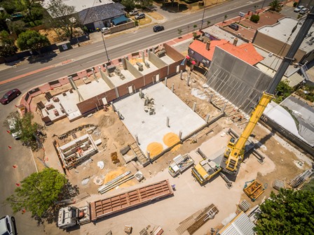 Screenshot of construction progress at M/25 Apartments by Match in Mount Lawley showing the first slab