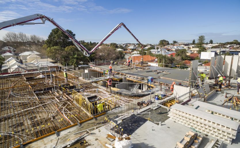 Progress shot of construction at M/28 by Match in South Fremantle taken in July 2018 showing the concrete for Level 2