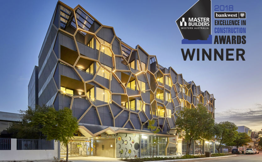 External facade of M/24 by Match in Leederville with the 2018 Master Builders Award Winner logo in colour for Best Multi Unit Development between $10 million and $20 million