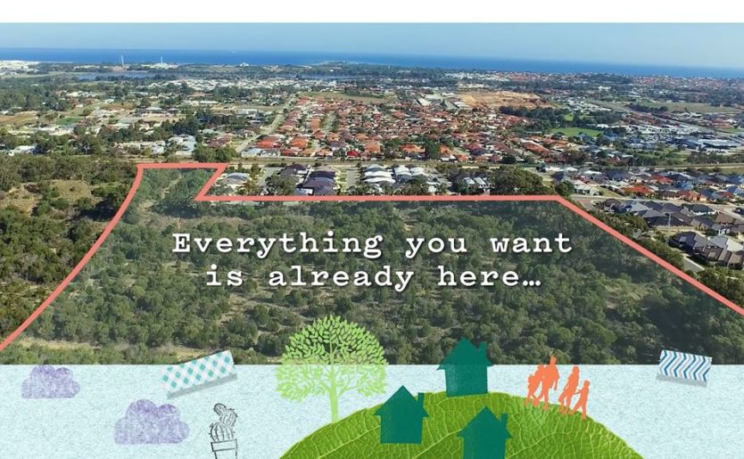 Branded aerial shot of Atop land development in Beeliar outlining the land site and its proximity to the ocean