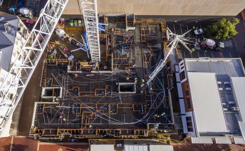 Aerial shot of construction works at Quest Apartment Hotel in Joondalup as they commence their level 1 concrete pour