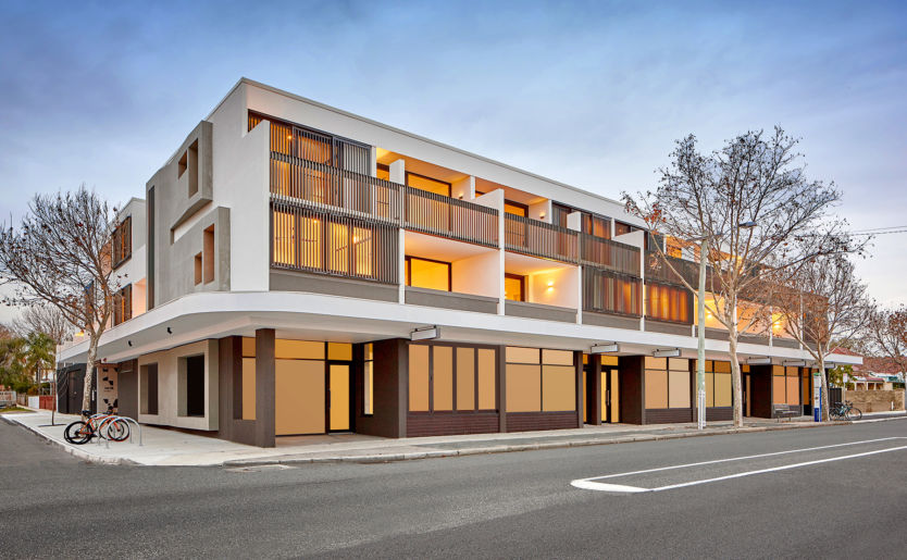 External shot of M/28 Apartments by Match located in the heart of South Terrace in South Fremantle where the external facade continued the natural theme which incorporate timber screens