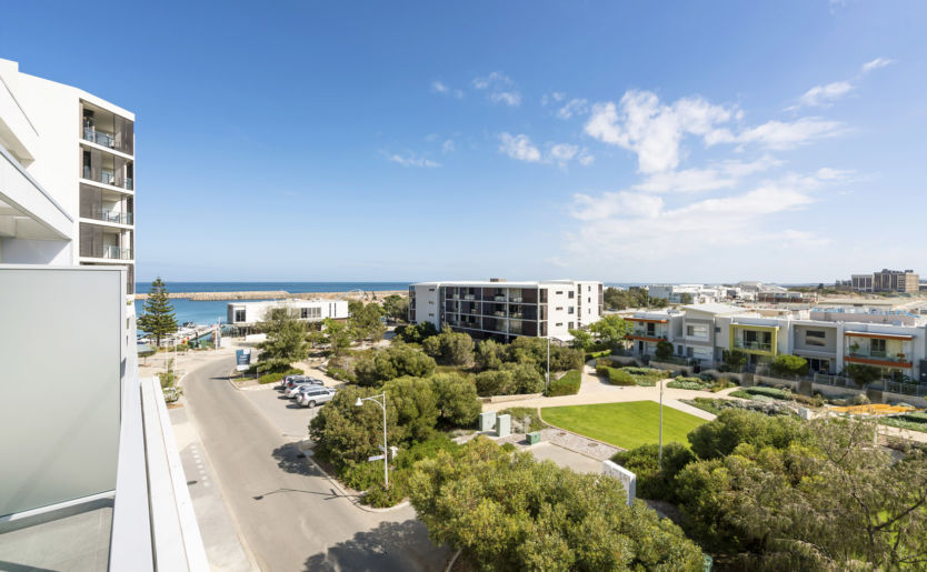 Balcony views from Form Apartments by Match Unit 50 overlooking Port Coogee Marina and the park in North Coogee